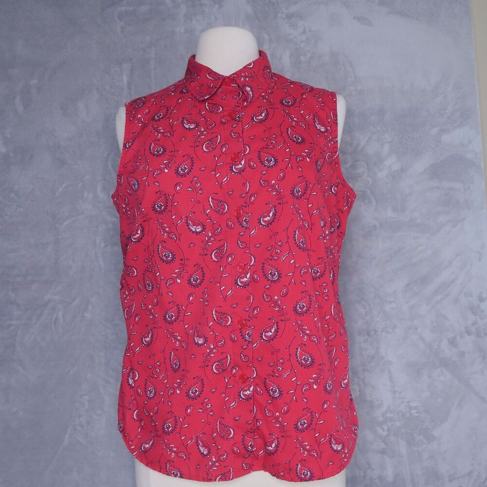 CASCADE BLUE Red Paisley Print Sleeveless Shirt Size L Collared Bandana Country - Picture 5 of 8